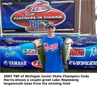 2007 TBF of Michigan Junior State Champion Cody Harris shows a couple great Lake Nepessing largemouth bass from his winning limit.