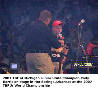 2007 TBF of Michigan Junior State Champion Cody Harris on stage in Hot Springs Arkansas at the 2007 TBF Jr World Championship.