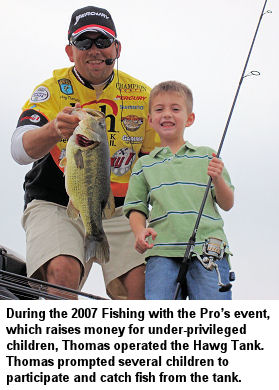 During the 2007 Fish with the Pros event which raises money for underprivileged childre, Thomas operated the Hawg Tank. Thomas prompted several children to participate and catch fish from the tank.