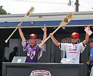 Andrew Upshaw and Ryan Watkins on stage after winning the 2011 College B.A.S.S. national championship before Andrew beat Ryan in the final fishoff for a Classic berth
