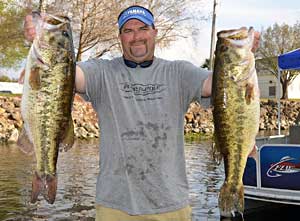 FLW Tour Lake Okeechobee Day-one leader Chad Prough holds up part of his 35-pound, 3-ounce stringer
