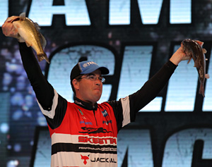 Cliff Pace, 2013 Bassmaster Classic, Day 3 Weigh-In with 2 of his winning bass from Grand Lake Oklahoma February 24