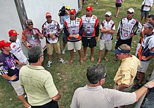 The top five College B.A.S.S. final teams from Virginia Tech, SFA, Georgia, Texas A&M and Auburn are briefed on the championship day at Beaver Fork Lake