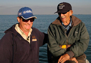 Dan Kimmel and Hall of Fame angler Bob Brunner share a moment while musky fishing Lake St. Clair October 2010 Photo Credit: Mark 'cameraguy' Gomez