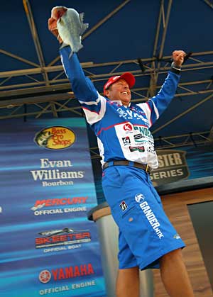 Dean Rojas with a big kicker largemouth bass during his victory at the 2011 Toledo Bend Trokar Battle on the Bayou