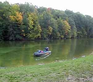 Dan Kimmel's Ranger Bass Boat floats free at the ramp at Hardy Dam Pond.