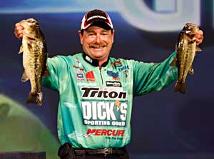 Elite series pro Shaw Grigsby shows a couple Louisiana Delta largemouth bass from the recent Bassmaster Classic