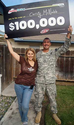 2011 Fantasy Fishing point champion Christy McNabb of Kerman California wns $100,000 with her 20-year serviceman husband 2011 Fantasy Fishing point champion Christy McNabb of Kerman California wns $100,000 with her 20-year serviceman husband