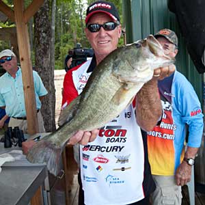 Bassmaster Guy Eaker with one of the big largemouth bass that helped Ken Cook and him win the All-Star Week Legends tournament