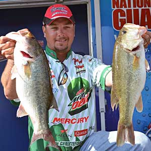 Diet Mountain Dew pro Jason Christie leads the FLW Tour Lake Hartwell event with quality fish like these two big largemouth bass