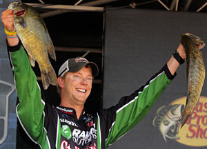 Bassmaster Elite Series Champion Jonathon Vandam with two big Green Bay Lake Michigan smallmouth bass from his Berkley Heavyweight five-fish limit of 23-4