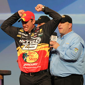 Michigan professional bass angler Kevin VanDam is no stranger to the Bassmaster Classic, here celebrating his triumph 2011 in Louisiana, Classic win number 4