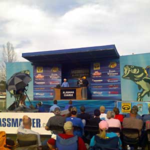 Michigan bass pro Kevin VanDam weighing in at the 2011 Alabama Charge Elite Series event on Pickwick Lake