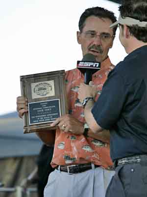 Louie is interviewed by Keith Allan, emcee at BASS tournaments, after being inducted into the National Freshwater Fishing Hall of Fame as a “Legendary Communicator” in 2005. He was presented the award prior to the weigh-in at the BASS Elite Series Major on Lake Wissota, Wisconsin in 2005.