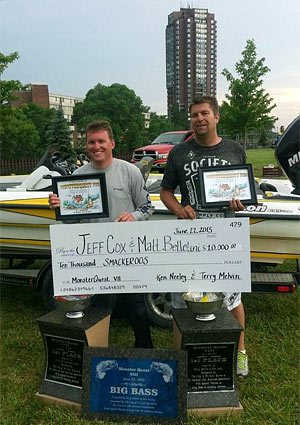 Champions Matt Belletini and Jeff Cox show off their trophies and big 10000 dollar check after 21 pounds 8 ounces of smallmouth bass win Monster Quest VIII on Lake St. Clair