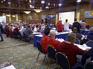 NBAA owner Jim Sprague and National Director Jack Horning go over the rules and setup of 2011 Championships Week at the packed Kentucky Dam Village Conference Center Wednesday