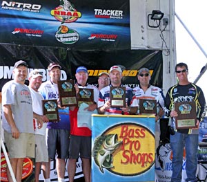 The top three teams at the June 18, 2011 NBAA Lake St Clair Super Bass Open from L NBAA national director Jack Horning, 3rd place Kyle Greene, 1st place Jeff Cox, 2nd place Chip Harrison, NBAA owner Jim Sprague, 3rd place Scott Dobson, 2nd place Bryan Plenzler, 1st place Skip Johnson