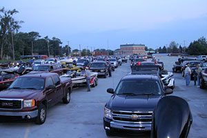 Some of the 90 bass fishing teams participating in the June 22, 2013 Monster Quest VIII on Lake St. Clair line up in the morning at the Nine Mile Road Boat Ramp in St. Clair Shores