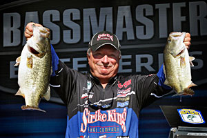 2011 Alabama Charge Elite Series day one leader Denny Brauer with two big largemouth bass caught from Pickwick Lake