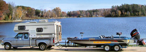 Pickup Camper RV Ranger Bass Boat Lake Camping