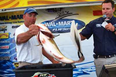 Bass like this one give Ron Fabiszak a 28 pounds, 2 ounces co-angler limit and lead after day one of the Walmart FLW East-West Fish-Off