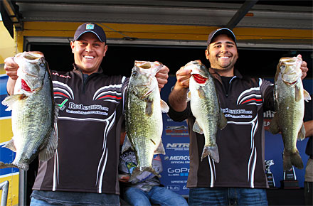 Tim Eaton (left) and Chris Risner of Michigan weighed 24 pounds, 13 ounces on Day 2 of the Toyota Bonus Bucks Bassmaster Team Championship on Lake Guntersville to claim the victory with a two-day total of 48 pounds, 7 ounces. Photo by Ronnie Moore/B.A.S.S.