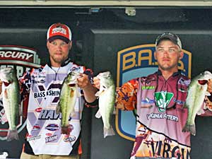 Virginia Tech's Carson Rejzer and Wyatt Blevins lead day one of the 2011 Mercury College B.A.S.S. National Championship after bringing in 15 pounds 9 ounces from the Arkansas River