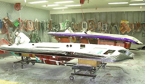 Ranger uses custom cutting booths to saw all the necessary holes for cabling, fittings and compartments in the deck. Each hull is also drilled using specific patterns for the outboard brand the buyer is purchasing.