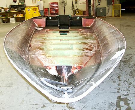 Ranger's pultruded floor is shown here out of the mold all glassed in to the hull and one now with the transom and gusset assembly, stringers and hull itself. 
