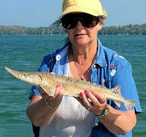 Judy Faynor with an adolescent Lake Sturgeon she caught and released from Mullett Lake on a tube bait.